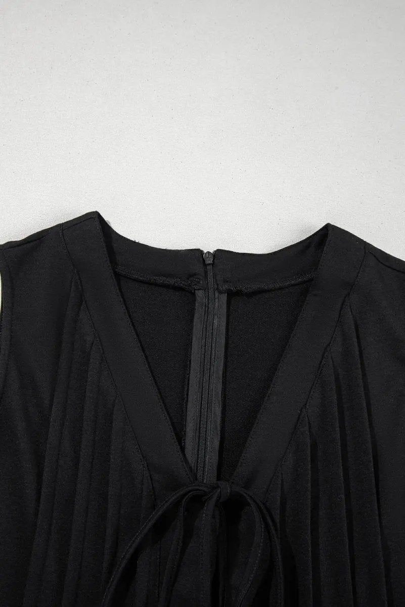 Black White Tie V Neck Pintuck Sleeveless Loose Romper - Love Salve